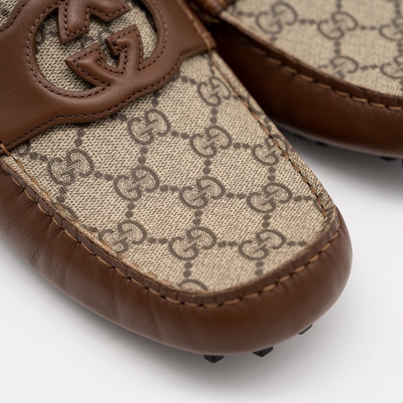 8G 8.5 US Gucci Interlocking G Leather Moccasin Driver Brown Loafers Leather - Picture 7 of 12